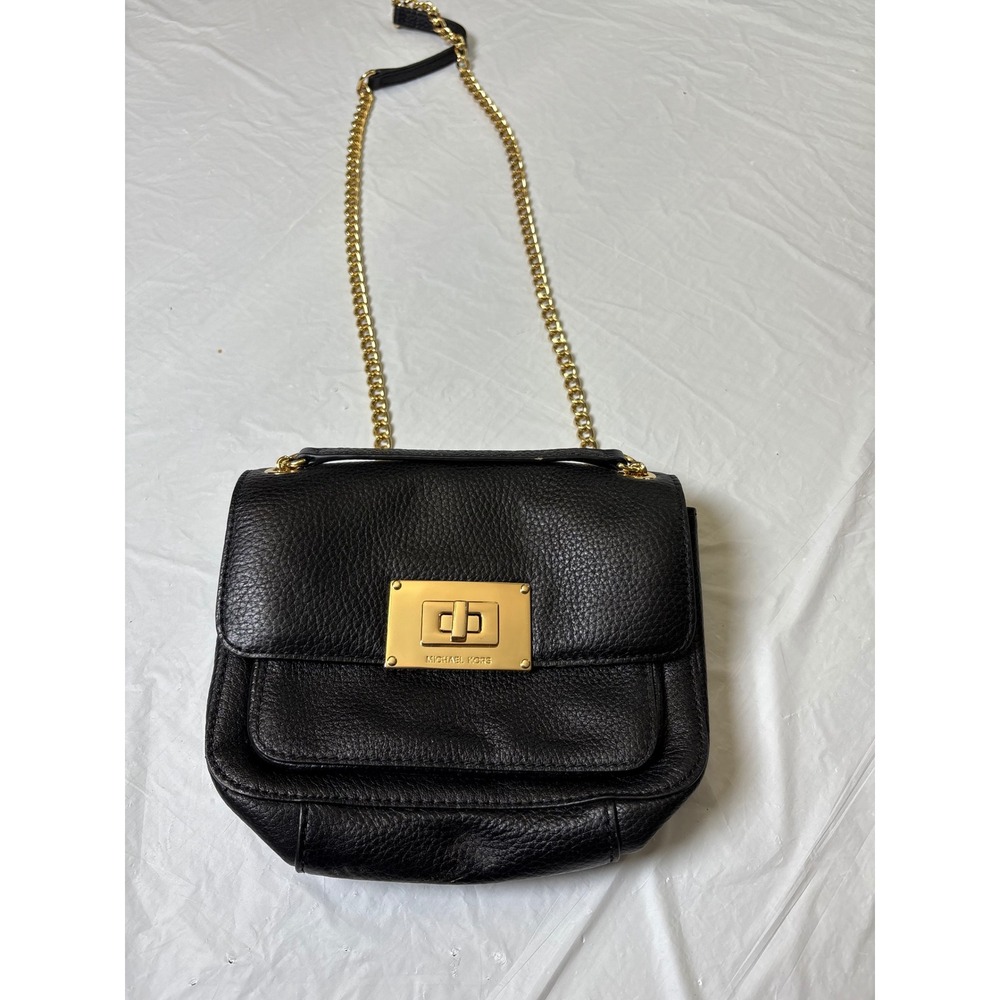 Michael Kors Black Pebbled Leather Chain Shoulder Bag Gold Hardware Sloan Gold